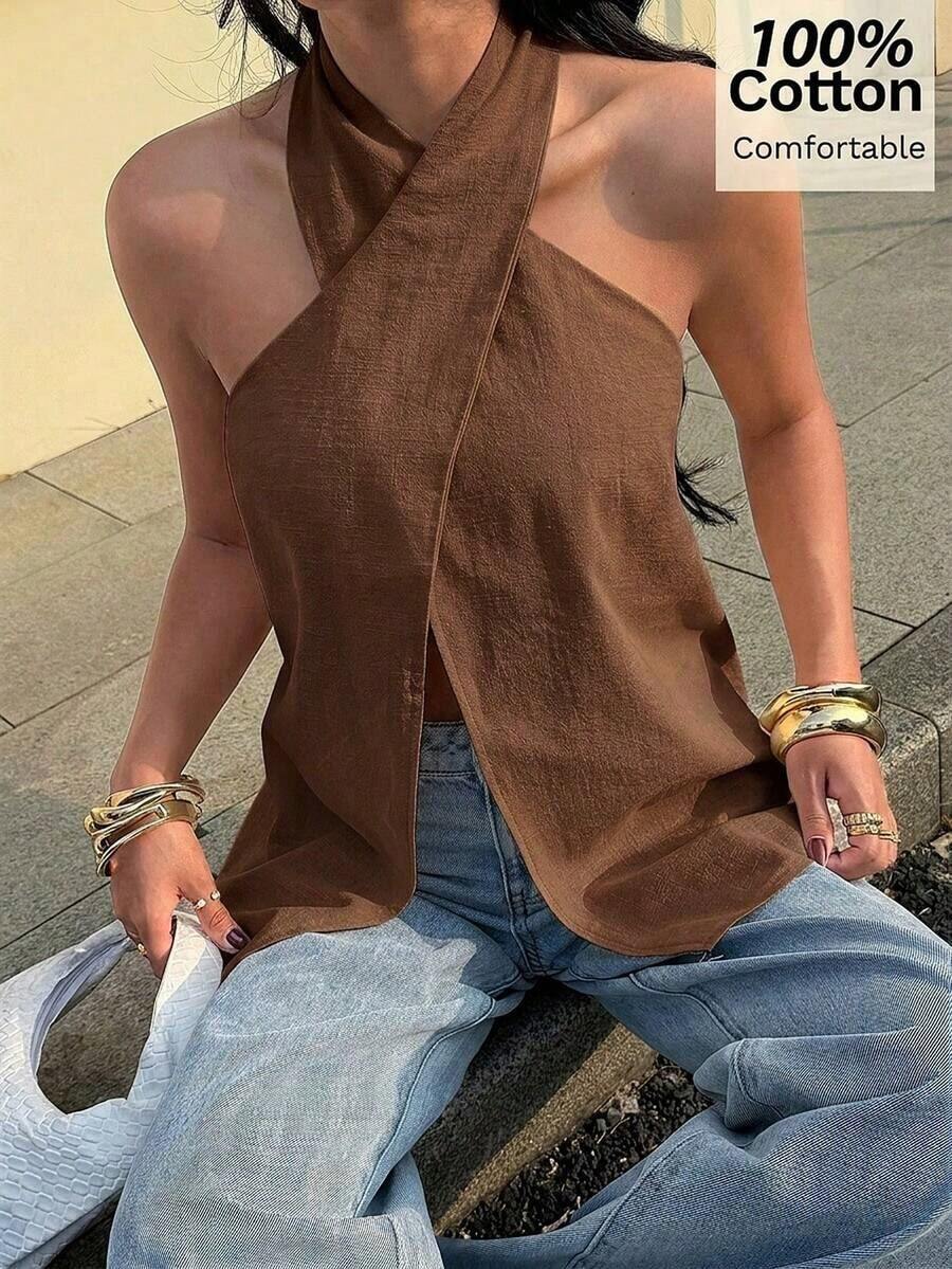 Top halter sin espalda con cruce en el pecho de estilo casual para mujer, de unicolor minimalista, adecuado para vacaciones de verano - Café integral - Ver 1