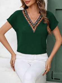 Blusa de mangas dolman con encaje de guipur de contraste, blusas de manga corta - Verde Oscuro - Ver 8
