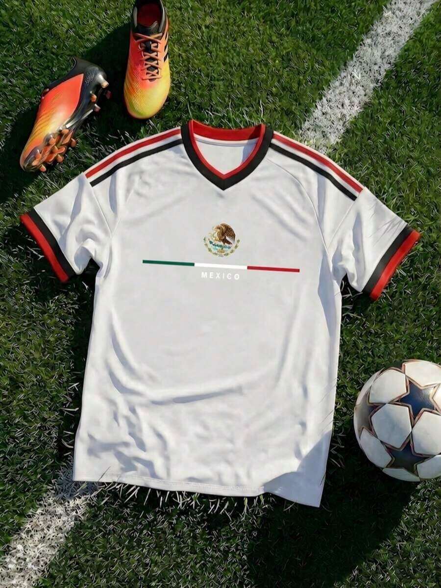Camiseta de fútbol verde unisex de la Copa Mundial 2026 de EE. UU., Canadá y México, con estampado oficial del trofeo de la Copa Mundial y la bandera de las tres naciones - Blanco - Ver 1