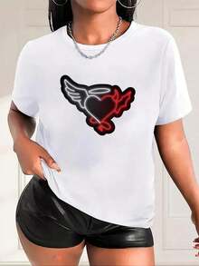 A Women's T-Shirt With A Fun Angel Heart Print And - Casual Round Neck, Short Sleeves, Breathable Top For Spring And Summer, Stylish, Relaxed, Soft, Lightweight And Comfortable, Suitable For Everyday Wear, Outdoor Activities - 白色 - 查看 7