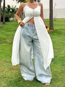 Plus Camiseta y top sin mangas de talla grande de unicolor, de longitud maxi, con textura bordada, elegante para vacaciones de verano - Blanco - Ver 8