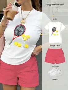 Conjunto de dos piezas de camiseta y shorts para mujer, con patrón de raqueta de tenis y copa de pelotas en el frente, estilo deportivo vibrante, fresco y versátil para uso diario casual - Camiseta blanca + pantalones cortos ROSA - Ver 6
