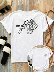 Camiseta estampada de manga corta con diseños frontales y traseros - Estilo vaquero occidental, sombrero y botas de vaquero - Camiseta estampada de moda para mujer, primavera/verano, manga corta, para todas las estaciones, atuendo moderno, 100% algodón. - Blanco - Ver 7