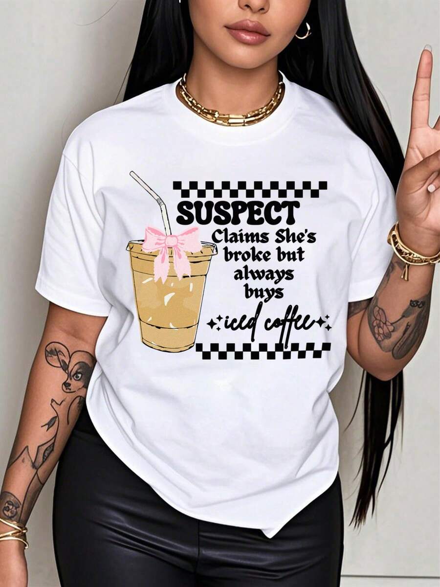 Camiseta de Cuello Redondo para Mujer Talla Grande con Estampado Divertido de Café Helado "Suspect" - Top negro de corte holgado, 171 gramos, ligero y suave para uso diario, ideal para amantes del café, fiestas o como regalo, lavable a máquina. Blusas Para Mujer Casual - Blanco - Ver 1