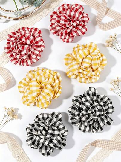 6pcs Floral Plaid Hair Clips, Red Yellow Black Fabric Flower Hair Pins, Cute Hair Accessories, Suitable For Girls, Teacher Gifts, Summer Vacation And Daily Wear