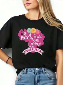 Un pedazo de mi corazón siempre estará en la camiseta gráfica para mujer con diseño floral para celebrar el orgullo cultural y la herencia - Estilo callejero vintage, unisex, de algodón, manga corta, cuello redondo, 100% algodón. - Negro - Ver 3