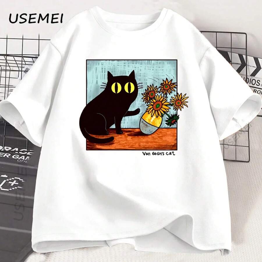 Camisetas con Gráficos de Gato de Van Gogh para Hombre y Mujer, Camiseta de Gato Negro con Flores, Cuello Redondo, Algodón, Manga Corta, Camiseta Moderna, Ropa Urbana - Blanco - Ver 1