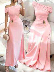 Vestido rosa elegante con hombro asimétrico, decoración de hebilla de metal, ajuste ceñido, vestido de fiesta formal para boda - Negro - Ver 1