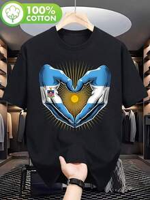 Camiseta con Bandera de Argentina en Forma de Corazón - Camiseta de Algodón con Cuello Redondo y Diseño del Emblema Nacional y Sol de Mayo (Rayas Blancas y Azules) - Orgullo Argentino Casual para Aficionados al Fútbol - Camisetas de Mujer - Negro - Ver 7