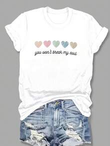 Women's T-shirt Top de manga corta para mujer, con estampado de corazones veraniegos y cuello redondo ajustado. - Blanco - Ver 7