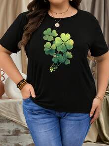 Talla - Talla - Camiseta Casual de Manga Corta para Mujer de Talla - Con Estampado de Trébol, Top Elástico de Cuello Redondo para Primavera y Verano, Lavable aáquina, Hecha de Tejido de Elasticidad Media - Negro - Ver 3