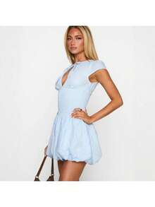 Vestido corto corte flor con patrón a cuadros, estilo europeo-americano fresco y dulce, diseño entallado de gran elegancia y glamour francés - Cuadros azules - Ver 4