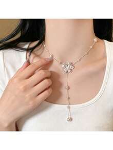1pc Silver Flower Pearl Tassel Necklace, 2026 New Adjustable Beach Wear Delicate Necklace Accessory For Women - Necklace - View 2