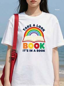 Camiseta de moda para mujer con temática de libros | 100% algodón con diseño de arcoíris, con la palabra LIBRO y una imagen impresa de un libro abierto - Camiseta casual de manga corta con cuello redondo, adecuada para clubes de lectura, bibliotecas, promociones de libros, regalos de lectura y vestimenta para trabajadores educativos - Camiseta unisex de algodón suelto de manga corta y cuello redondo estilo vintage urbano. - Blanco - Ver 1