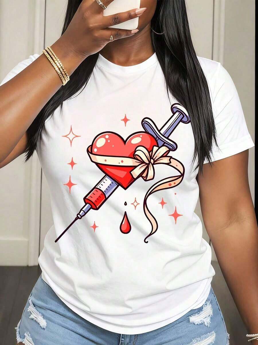 Camiseta de Mujer con Estampado de Corazón y Jeringa, Ropa Casual de Verano para Mujeres - Blanco - Ver 1