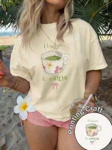 Playeras de mujer de algodón, camiseta de moda de talla grande para mujer, camiseta de manga corta con cuello redondo, lavable a máquina y fácil de cuidar, con un diseño casual que presenta estampados de tazas de matcha, flores y el texto "I Love You So Matcha". Es una nueva camiseta de verano 2026, adecuada para uso diario y viajes. Holgada y cómoda. - color - Ver 7