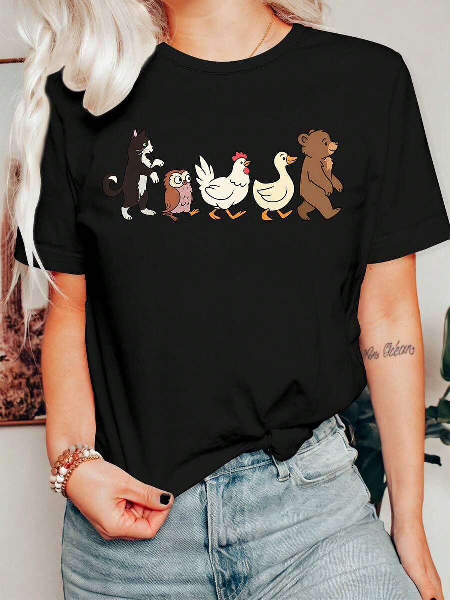 [Novedad de Moda] Ropa de Verano para Mujer, Camiseta de Manga Corta con Cuello Redondo y Estampado de Cola de Animal de Dibujos Animados, Estilo Deportivo Casual, Ligera, Cómoda, Suave, Moderna, Estilo Adorable de Mascota, Versátil para Todas las Temporadas, Adecuada para Uso Diario 9WVS - Negro - Ver 1