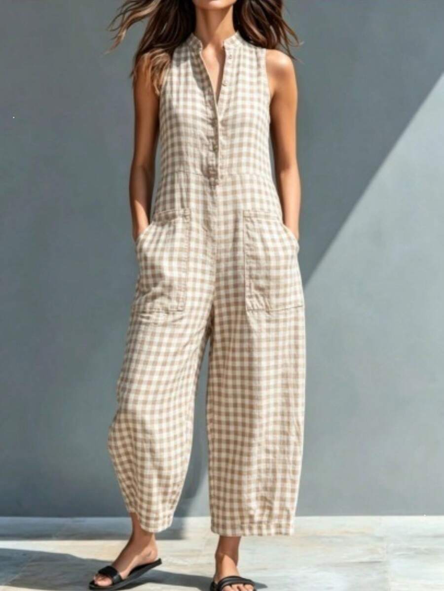 Mono corto nuevo de verano para mujer, estilo casual, sin mangas, cuello alto, con bolsillos, diseño fresco, cómodo, perfecto para looks de día, paseos, viajes y uso diario - Albaricoque - Ver 1