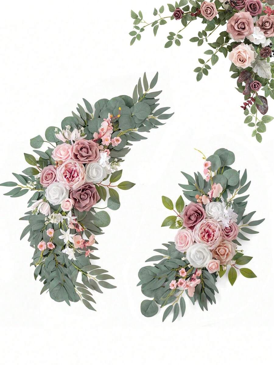 Wedding And Birthday Arch Pink Floral Garland, Rustic Artificial Flower Decor, Green Leaves, Roses And Peonies Garland, Home Decor, Wall Decor, Anniversary Celebration, Party, Birthday, Mother's Day, Graduation Gift, Wedding, Baby Shower - Multicolor - View 1