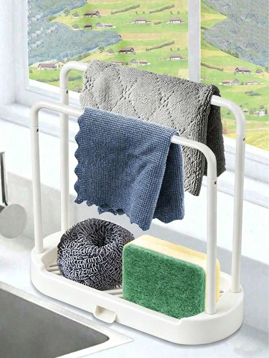 1pc Gray Kitchen Sink Rack Tray Organizer, Rust-Resistant Sink Drainer Rack, For Storing Sponges, Dishcloths, Brushes, Scrubbers - Kitchen Accessories - View 1