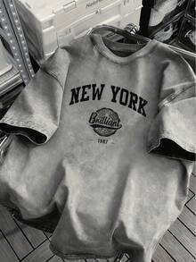 1PCS Men's Heavyweight 230g/M²% Cotton Loose T-Shirt - Round Neck Short Sleeve Casual Bohemian Style With New York Pattern Print And Vintage Letters, Available In Plus Sizes, All-Season Comfortable, Machine Washable Casual Clothing (Large And Tall Sizes) - Suitable For Layering And Daily Matching - Black/White/Grey/Navy Blue/Red/Brown, Geometric And Text Designs, Adult Relaxed Fit, Street Style, Breathable Material, Durable Construction-Premium Cotton Graphic Printed Round Neck T-Shirts-365T - 灰色 - 查看 9