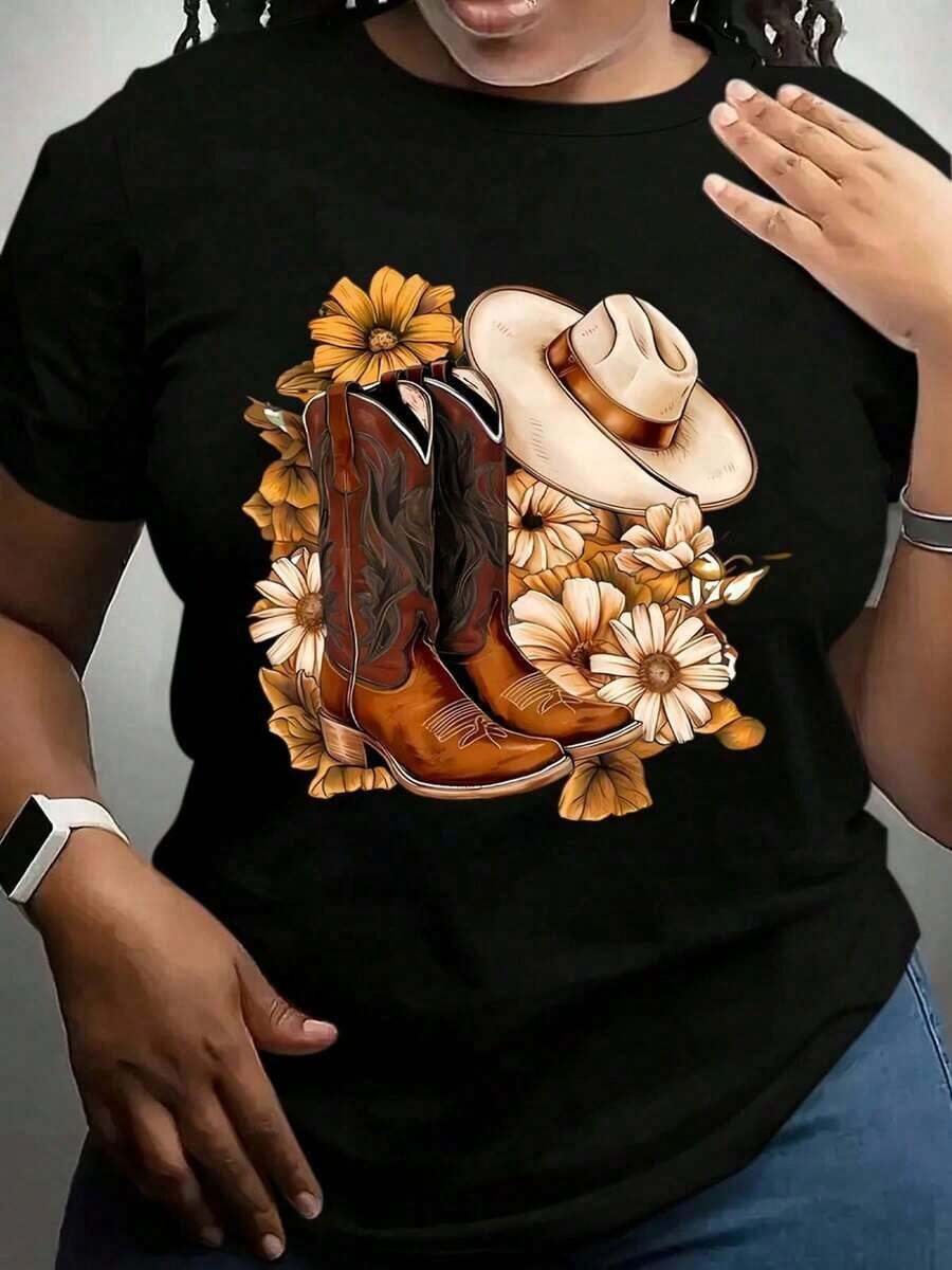 100% algodón, camiseta de mujer, camiseta casual de manga corta para mujer en talla grande, color negro, con estampado de botas vaqueras, sombrero y motivos florales, adecuada para ropa de estilo rústico del oeste. - Negro - Ver 1
