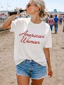 Women's American Style T-Shirt, 250 Years Of Freedom T-Shirt, God Bless America Clothing, Viral Cowgirl T-Shirt, Rodeo Club Aesthetic Outfit For Pinterest, Classic Oversized Short Sleeve Thick Cotton Graphic Print T-Shirt, Casual Short Sleeve T-Shirt For Women - 白色 - 查看 7
