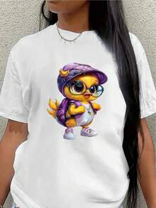 Camiseta ligera de manga corta, con un lindo diseño de pato de dibujos animados, es perfecta para relajarse en casa o salir casualmente a un restaurante, ofreciendo un uso cómodo para el día a día y complementada con elegantes detalles decorativos. - Blanco - Ver 1