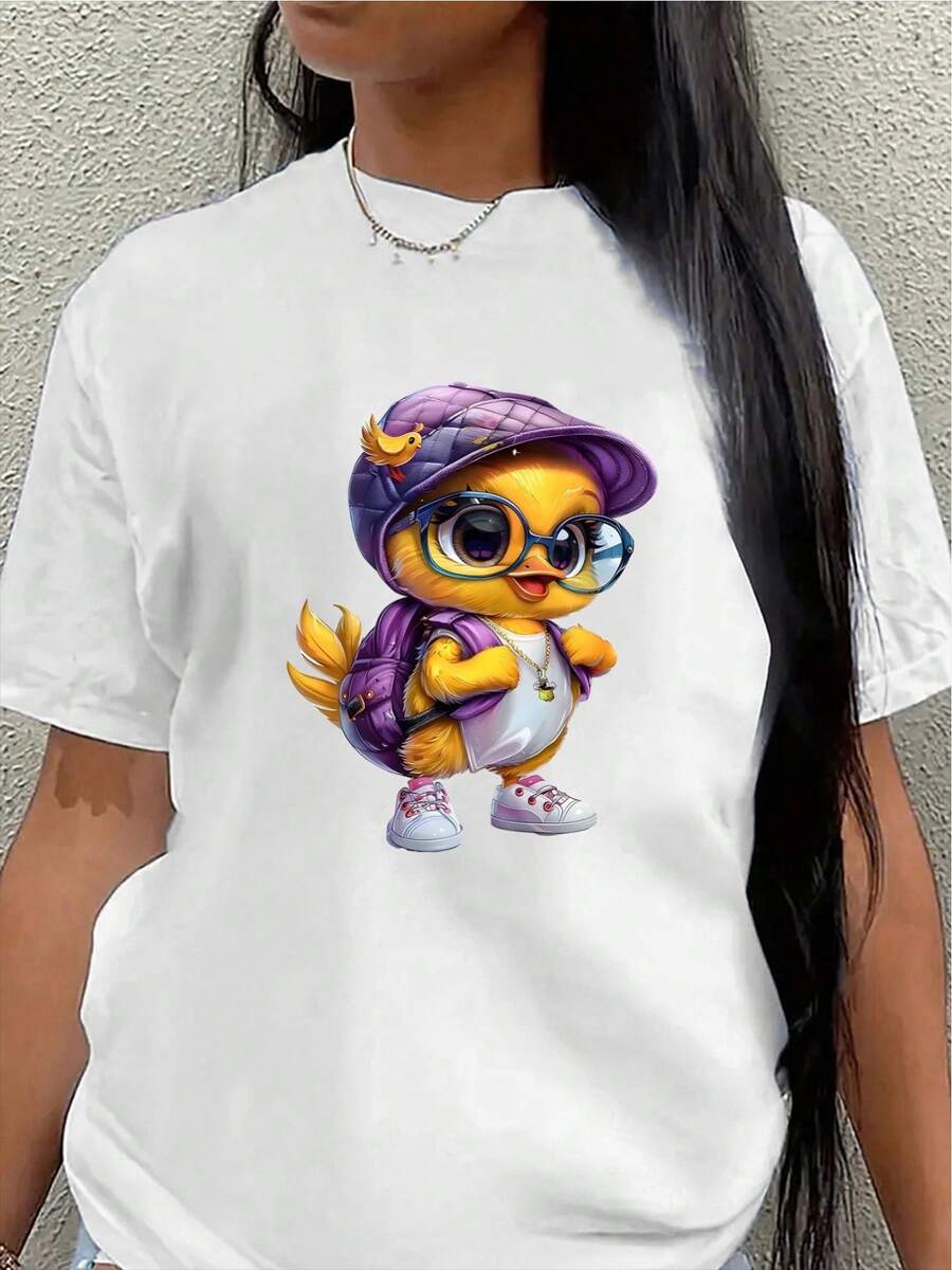 Camiseta ligera de manga corta, con un lindo diseño de pato de dibujos animados, es perfecta para relajarse en casa o salir casualmente a un restaurante, ofreciendo un uso cómodo para el día a día y complementada con elegantes detalles decorativos. - Blanco - Ver 1