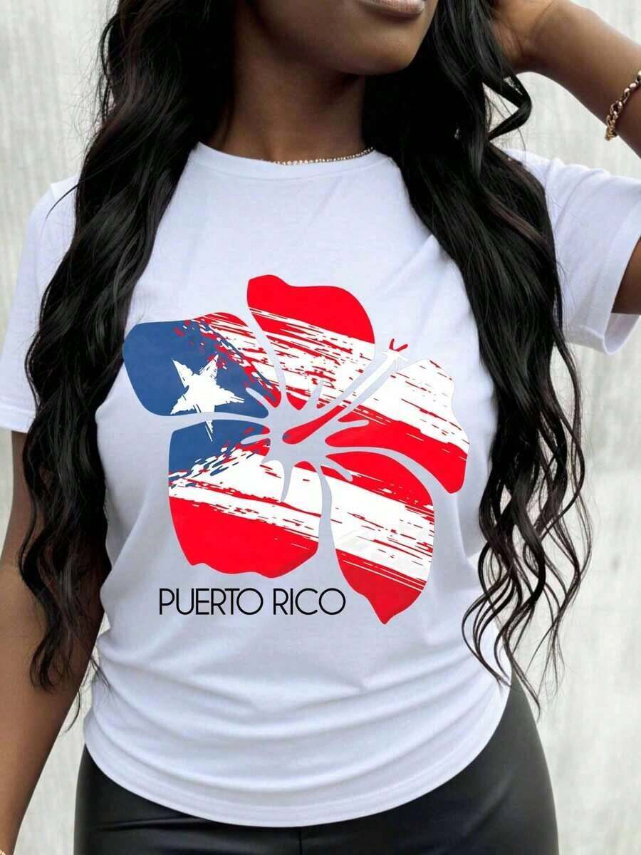 Camiseta de Mujer con Diseño Patriótico de la Bandera de Puerto Rico y Flor de Hibisco, Manga Corta, Estilo Casual, Playera Holgada para Mujer - Blanco - Ver 1