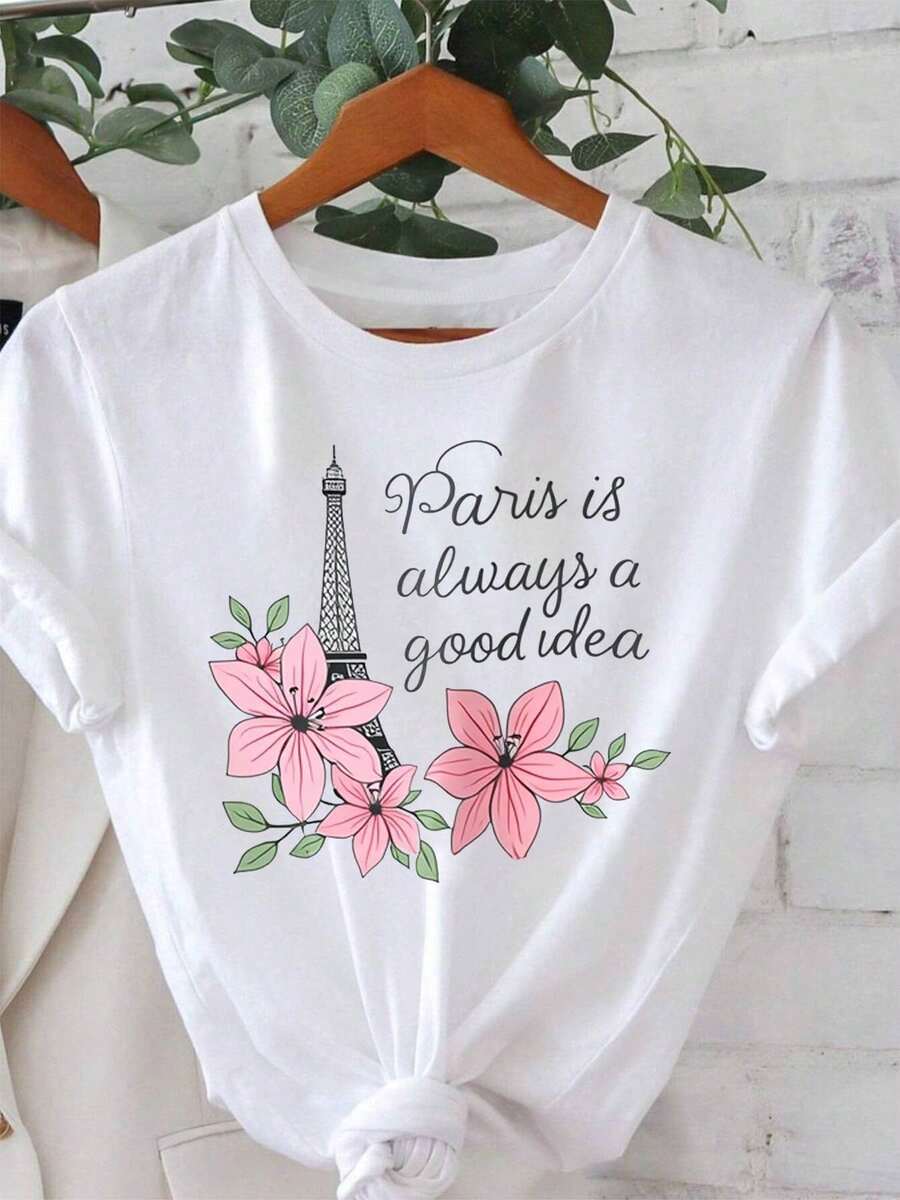 Camiseta moderna y minimalista con estampado de la Torre Eiffel "París es siempre una buena idea" para mujer, camiseta casual de manga corta para primavera/verano, adecuada para uso diario, regalos de vacaciones, compras y salidas. - Blanco - Ver 1