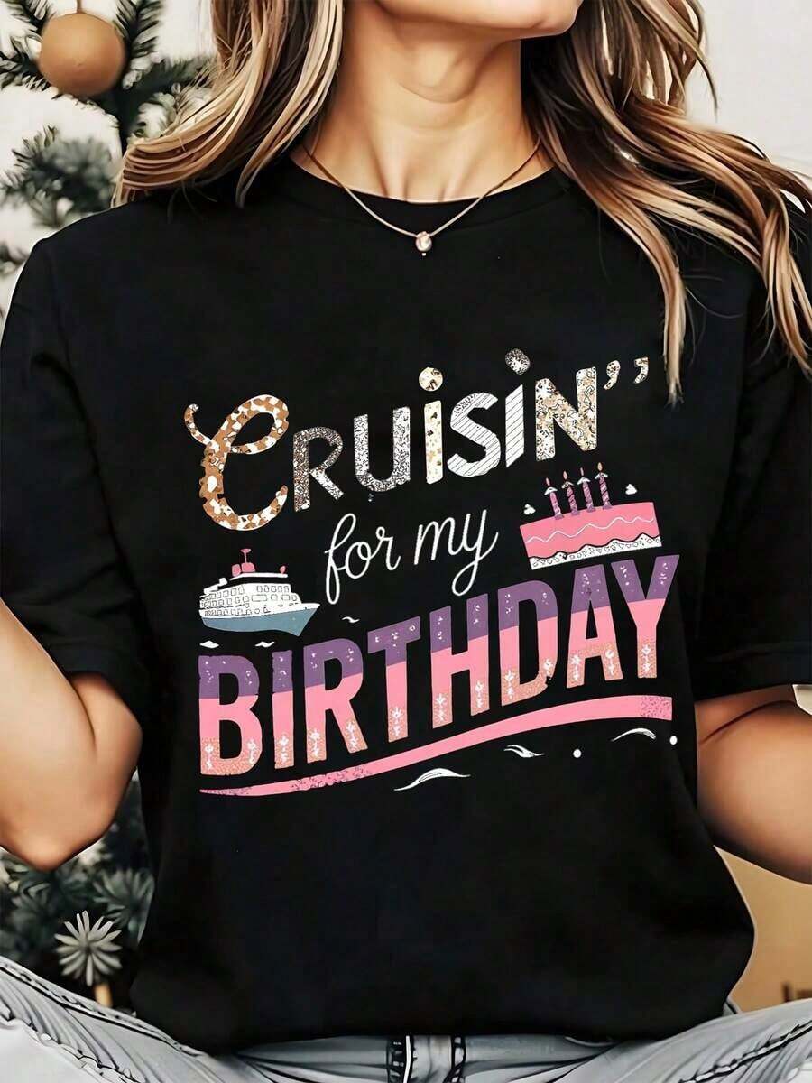 Women's Crew Neck T-Shirt With Cruise Ship And Cake Print For My Birthday, Casual, For Vacation, Celebration, Birthday Gift, 220g, Loose Fit T-Shirt For Women - 黑色 - 查看 1
