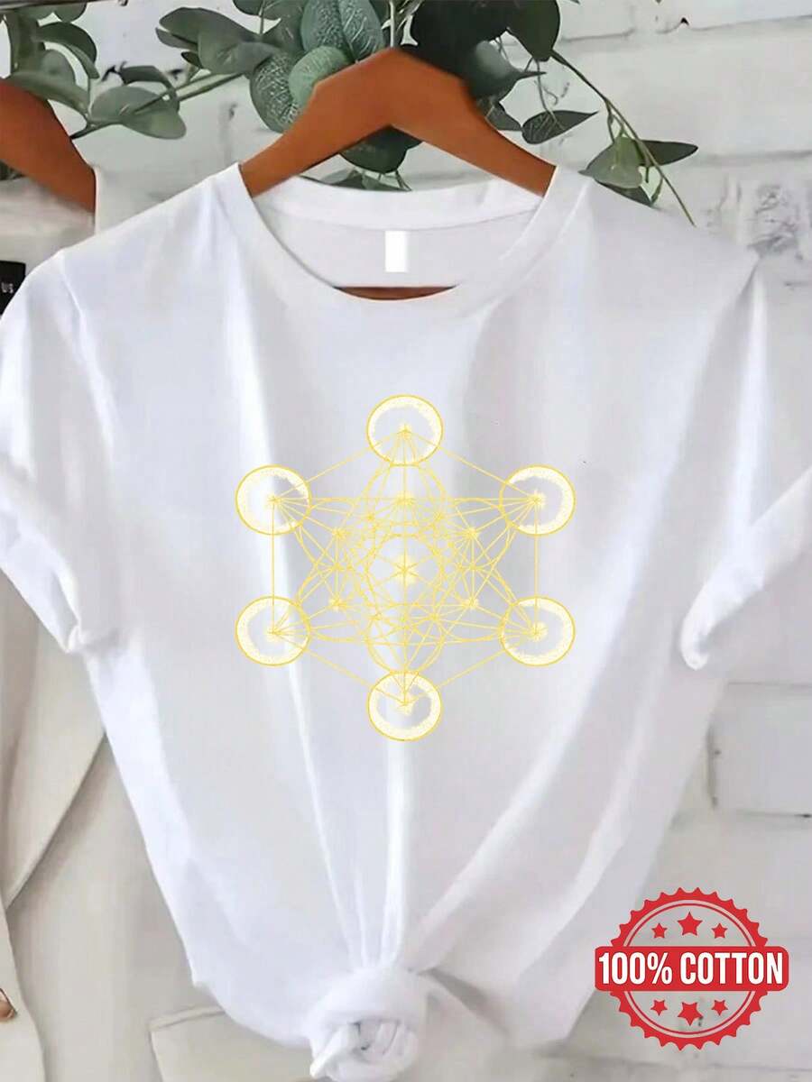 Camiseta de manga corta para mujer, completamente a la moda, con diseño de geometría sagrada del Cubo de etatron, adornada con un diseño de la Flor de la Vida y anillos interconectados, un símbolo espiritual dorado. Traje de fiesta elegante,T-shirt para damas elegantes,Blusas adecuadas para mujeres con curvas,Faldas de graduación,Ropa casualEstampado de animales adorables ,Estampado de letras divertidas - Blanco - Ver 1