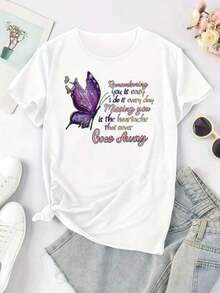 Camiseta de Mujer con Cuello Redondo y Estampado de Mariposa Morada - Cuello Redondo, Manga Corta, Estilo Casual y Deportivo para Primavera/Verano, Mezcla Elástica, Lavable a Máquina. Camiseta Casual de Talla Estándar para Mujer, Transpirable, Ligera, de Manga Corta, Blusas para Mujer Casual. - Blanco - Ver 1