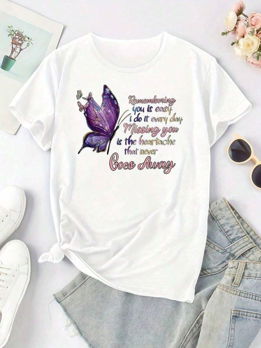 Camiseta de Mujer con Cuello Redondo y Estampado de Mariposa Morada - Cuello Redondo, Manga Corta, Estilo Casual y Deportivo para Primavera/Verano, Mezcla Elástica, Lavable a Máquina. Camiseta Casual de Talla Estándar para Mujer, Transpirable, Ligera, de Manga Corta, Blusas para Mujer Casual. - Blanco - Ver 1