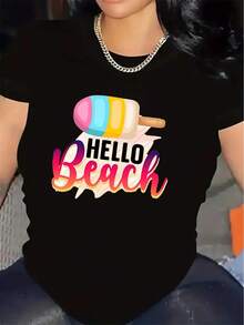 Camiseta de manga corta suave para mujer | Negro y blanco combinados con estampados coloridos de helado y Hello Beach, diseño de paleta de helado rosa y cono de helado, ropa de playa ligera para el verano, ropa para la piscina, camiseta casual de cuello redondo (lavable aáquina) - Camiseta unisex de manga corta de algodón suelto con cuello redondo estilo vintage urbano. - Negro - Ver 7