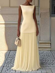 Summer Dresses For WomenWomen'S Solid Color Round Neck Sleeveless Patchwork Pleated Long Dress 2025 French Elegant Dress Temperament Fashionable Date - 黃色 - 查看 3
