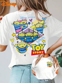 Authentic Women's Disney Short-Sleeve Vintage Cartoon Toy Story Alien Waving Hands Reunion Double-Sided Print Crew Neck Summer T-Shirt, Suitable For Spring, Summer, And Autumn, Disney Trip, Fashionable Casual Daily Commute Vacation Versatile Vintage - White - View 6