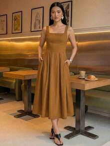 A&DD MODA, REF: MK09 - Women's Midi Dress With Elastic Straps And Pockets, Lightweight And Breathable Summer Dress Made Of Linen Fabric, Sweet And Slim Square Neckline, Sleeveless, Fitted Waist And A-Line Skirt, Suitable For Women. - Màu nâu Sô-cô-la - Xem 5