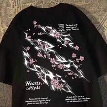 Camiseta De Manga Corta Unisex De Estilo Americano Con Estampado De Flores De Cerezo Y Rayos, De La Marca Conjunta , VersáTil Y De Moda Urbana Para El Verano. - Negro - Ver 2