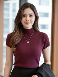 Camiseta de mujer de cuello medio-alto, top casual, estilo coreano de moda en color liso, para la temporada de primavera-verano - Burdeos - Ver 11