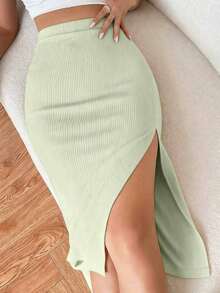 Falda de talle alto unicolor tejido de canalé con abertura - verde menta - Ver 7