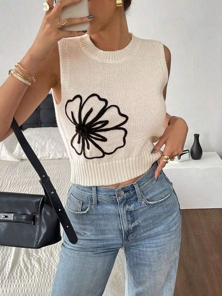 Chaleco de punto elegante de mujer con cuello redondo y sin mangas con estampado floral - Beis - Ver 1