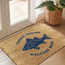 1pc Navy Blue Bass Fish Print Flannel Rug, Printed With "Welcome Fishing Friends" Text, Vintage Outdoor Fishing Style Rectangular Doormat, Washable Entryway Mat, Suitable For Foyer, Porch, Lakeside Home And Home Decor - 1PC - View 5
