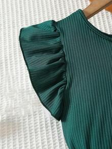 Setelan 2 potong untuk anak perempuan, atasan bergaris dan celana pendek bermotif, cocok untuk kegiatan di luar ruangan dan pemakaian sehari-hari. - Hijau - View 4
