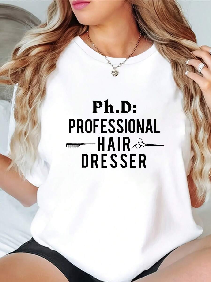 Mujeres ".D. Camiseta Gráfica "Cabeleireo Profesional" - Camiseta Casual de Manga Corta y Cuello Redondo, Cómoda para Todas las Temporadas con Diseño de Tijeras y Peine, Negra, Camiseta para Uso Diario |   Camiseta con Diseño Divertido |   Ajuste Cómodo - Blanco - Ver 1