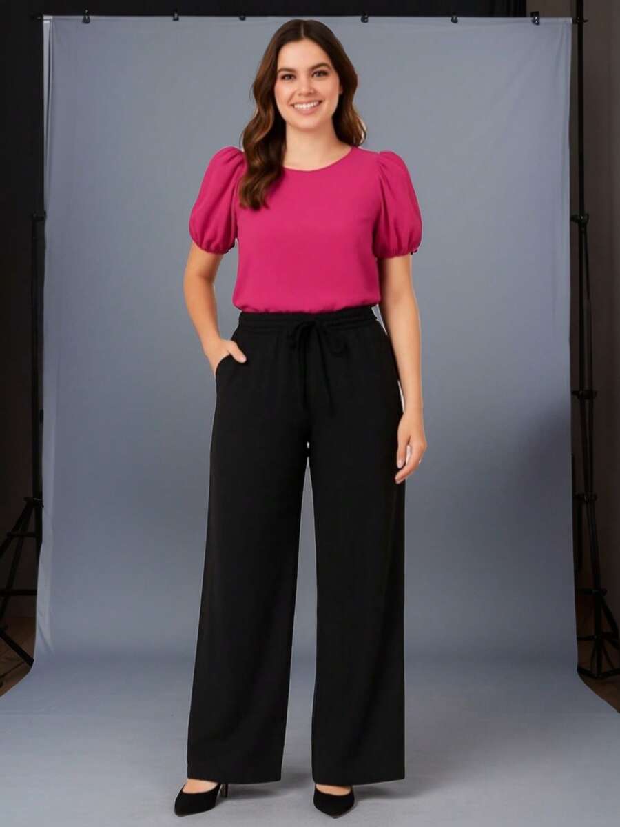 Casual Wide-Leg Pants, Knit Fabric, None, Pants, Office, Holiday - 黑色 - 查看 1