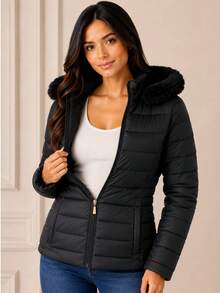 Women's Plush Puffer Jacket With Faux Fur Lining, Hood With Removable Fur, Suitable For Cold Winter And Waterproof. - màu đen - Xem 4