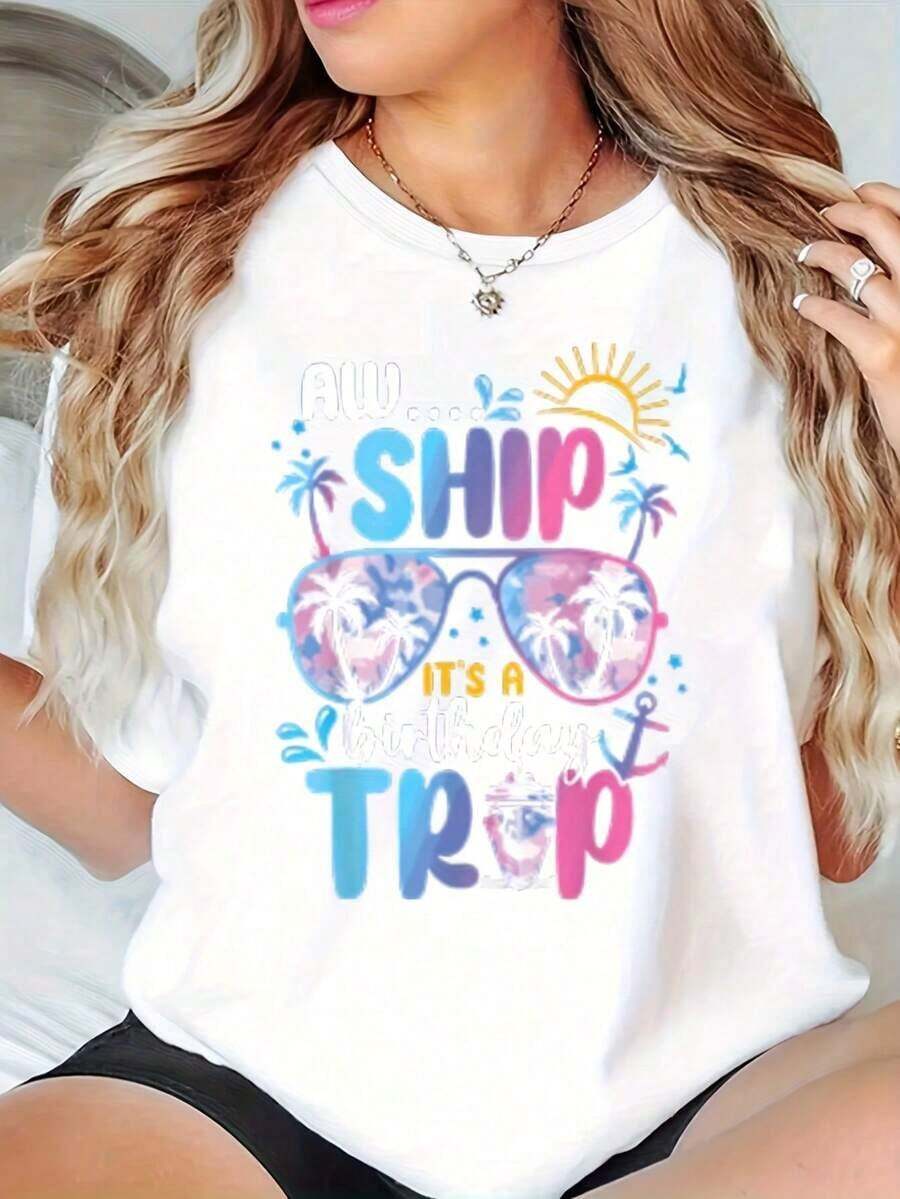 Camiseta de Cuello Redondo de Manga Corta para Mujer, Talla Grande, Estampado Tropical de Gafas de Sol, Palmeras, Sol y Ancla, para Celebración de Vacaciones de Verano, 220g, 100% Algodón - Blanco - Ver 1