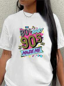 Camiseta de manga corta de poliéster, diseño retro de los años 80-90, adecuada para uso casual, fiestas, restaurantes y el hogar, ligera y duradera, ajuste cómodo, colores brillantes. - Blanco - Ver 1